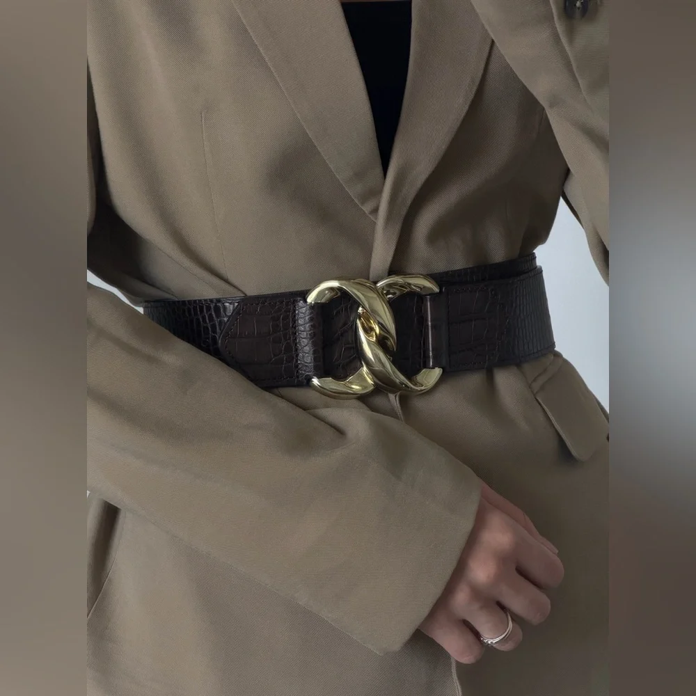 Zara Leather Brown Croc-Embossed Belt with Gold Buckle